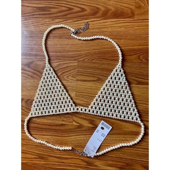 Urban Outfitters White Pearl Bra Top Plunging Bralette Layering Jewelry Large - Picture 7 of 9
